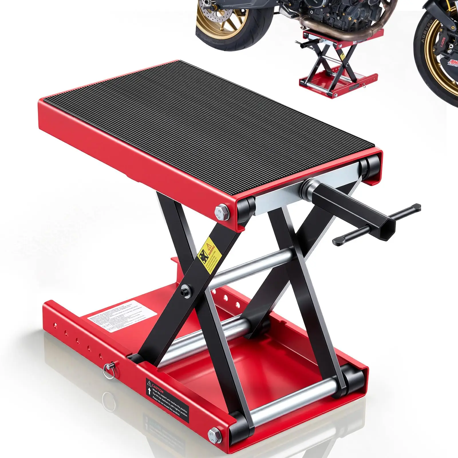 

Heavy-Duty Motorcycle Scissor Lift Jack, 500 Kg Capacity, Wide Ribbed Platform, Adjustable Height 95–340mm, For Street, Cruiser