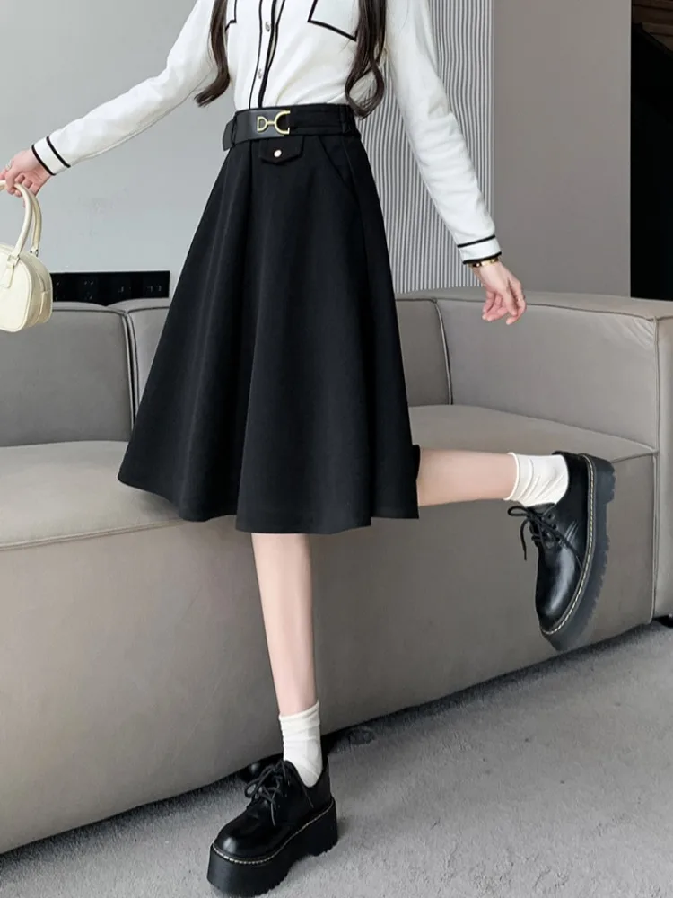 Caramel Woolen A-Line  Skirt Women's High Waist Autumn Winter Hepburn Sle Umbrella Skirt Small Size Versatile Mid-Lengt...