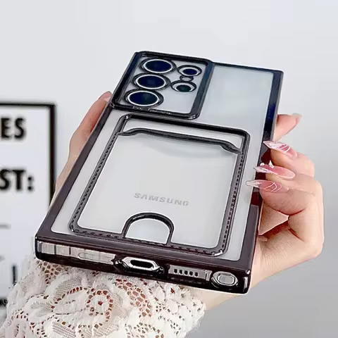 Soft Plating Card Holder Bag Phone Case for Samsung Galaxy S25 S24 S23 S22 S21 S20 FE Note 20 Ultra Transparent Shockproof Cover