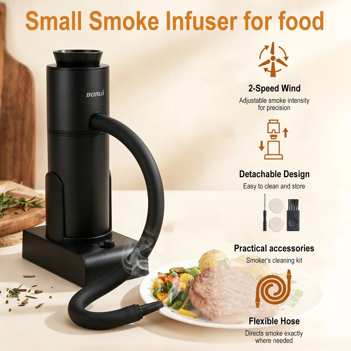 BORUiT SK303 Portable Food Cold Smoke Generator Molecular Cuisine Smoking Gun Meat Burn Cooking for BBQ Cocktail Use AA Battery