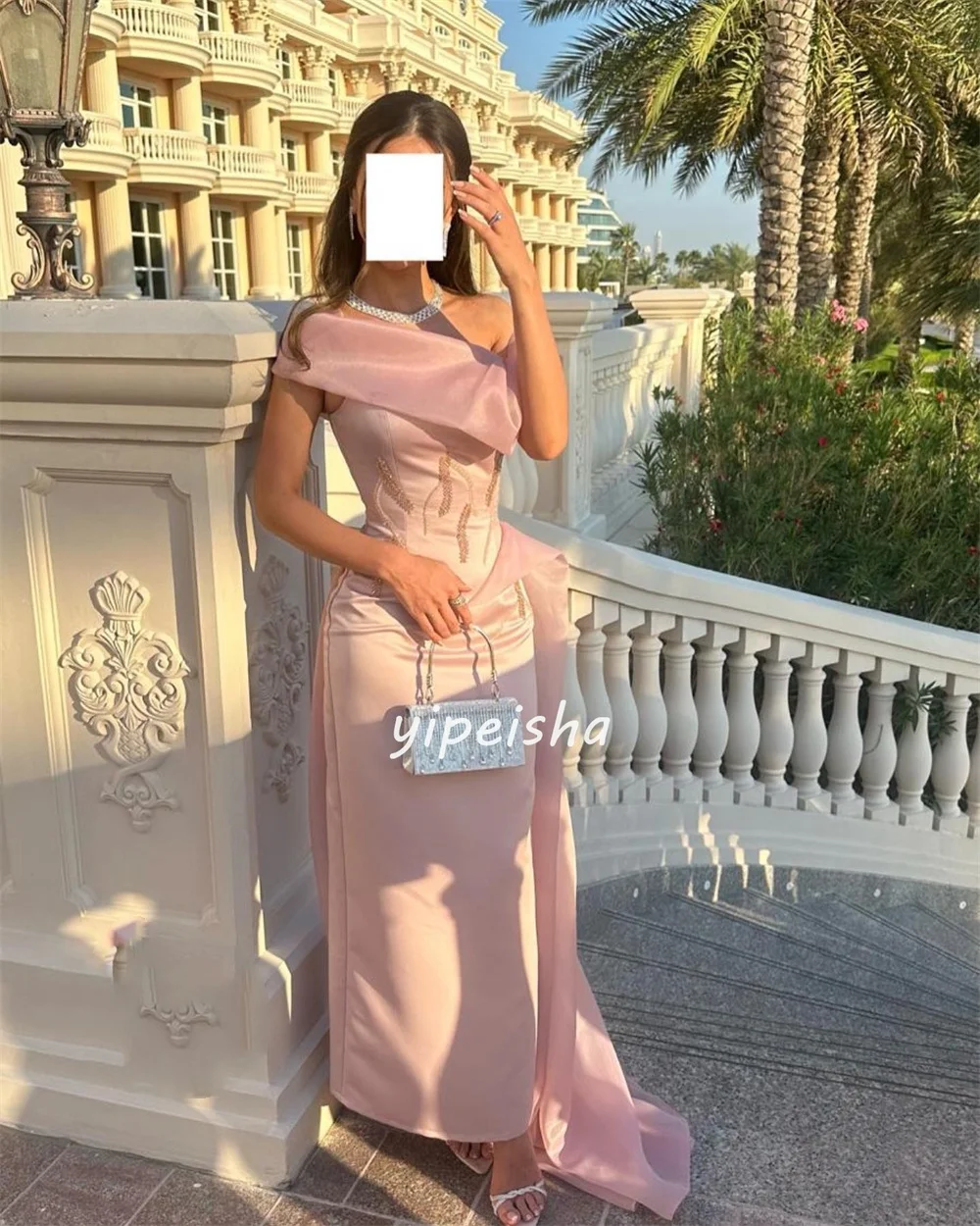 Customized Retro Chinese Style Satin Beading Pleat Ruched Straight One-shoulder Long Dresses Celebrity Dresses Sizes Available M