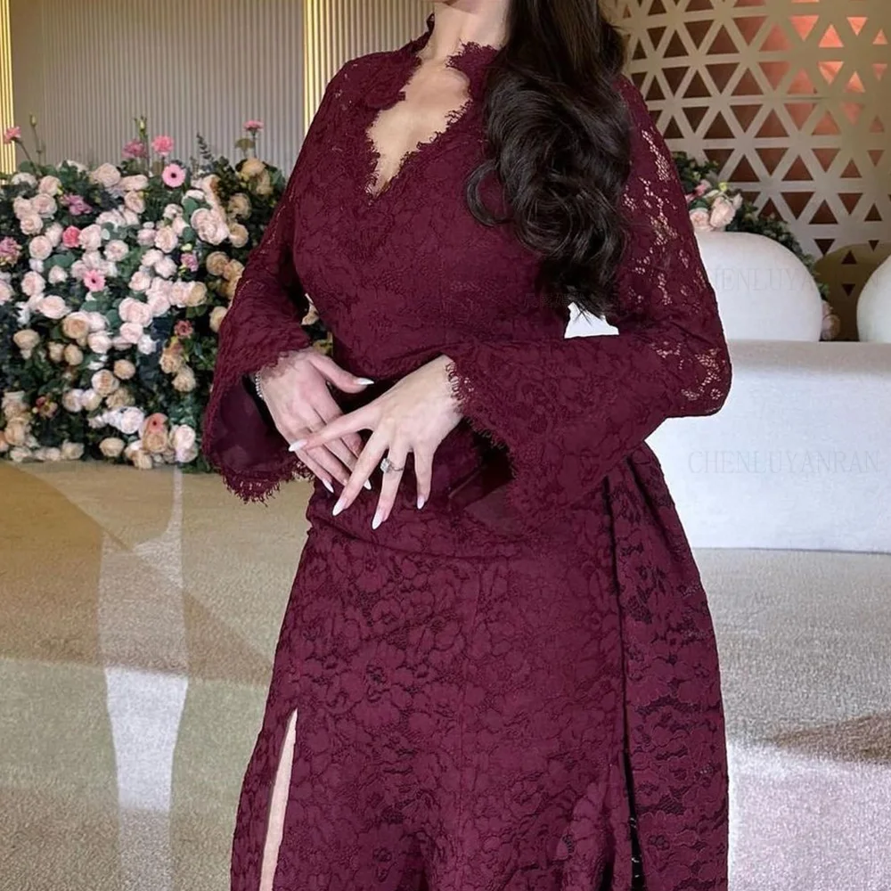 Lace Burgundy Formal Occasion Dresses 2024 V-Neck Long Sleeves Mermaid Ball Gown Backless Sexy Evening Party Gown فساتين الحفلات