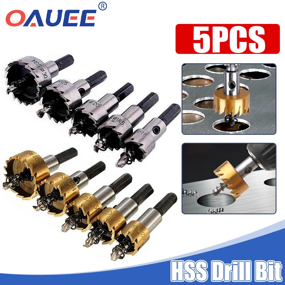 

Oauee 5Pcs Carbide Tip HSS Drill Bit Hole Saw Set Stainless Steel Metal Alloy Woodworking Drilling Hole Cutting Tools 16/25/30