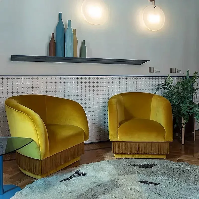 80 N Retro Velvet Tufted Sofa Chair with Fringe, Vintage 3-Seat Couch, Fluffy Ottoman for Living Room