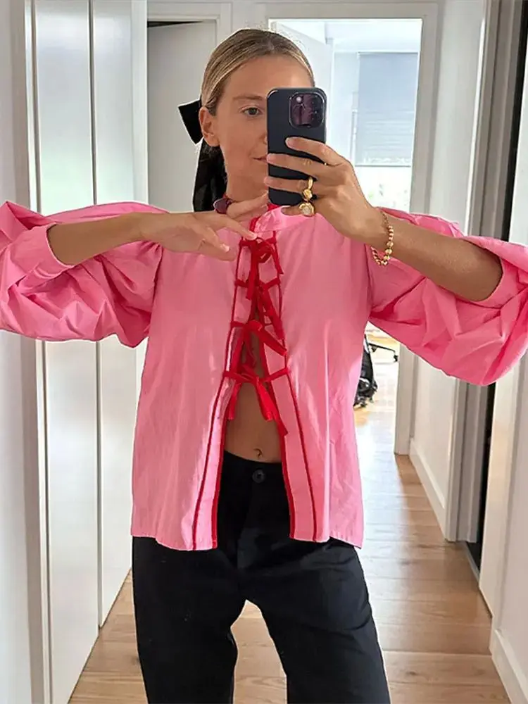 ربيع 2024 المرأة O Ne التباين القوس الدانتيل يصل irts Faionable الدانتيل يصل القمم للسيدات مريحة تناسب بلوزة السيدات