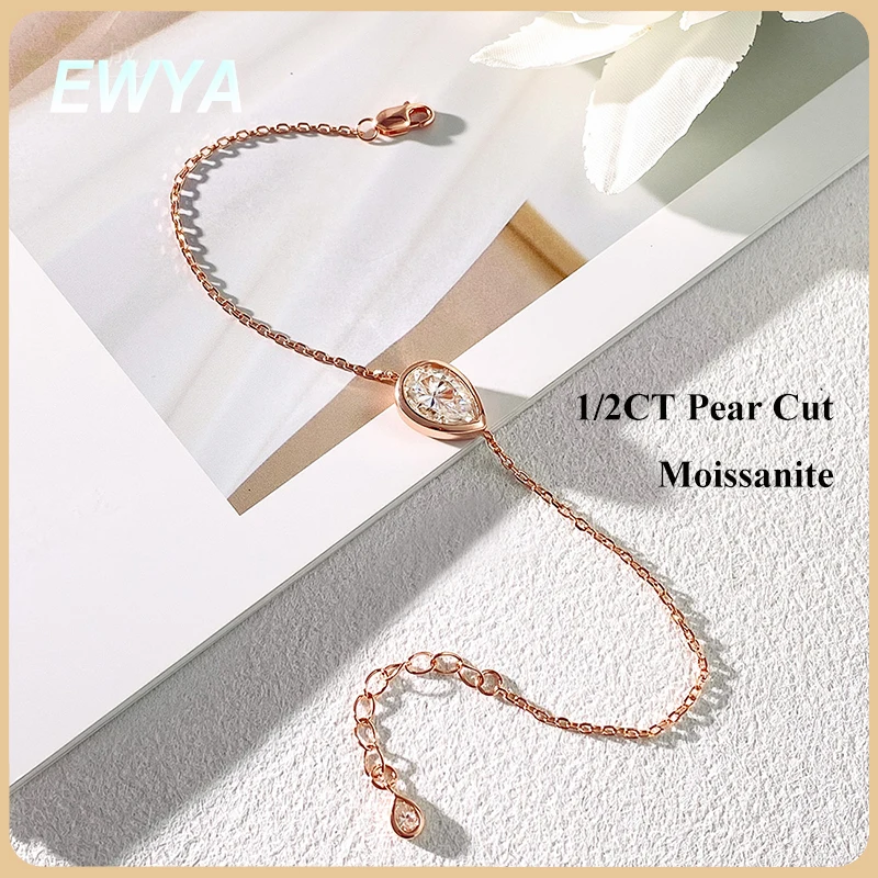 

EWYA 1/2CT Pear Cut Moissanite Bezel Solitaire Link Bracelet Women 925 Silver Lab Diamond Bridal Party Hand Chain Wristwear Gift