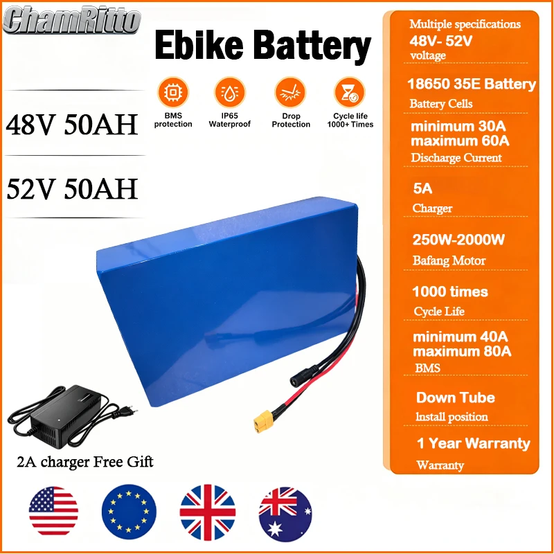 

48V Ebike E Scooter E bike Battery Pack 48V 52V 40Ah 25Ah 20Ah 50ah Waterproof Lithium Batteries 2000W Motorcycle/Trikes/Bicycle