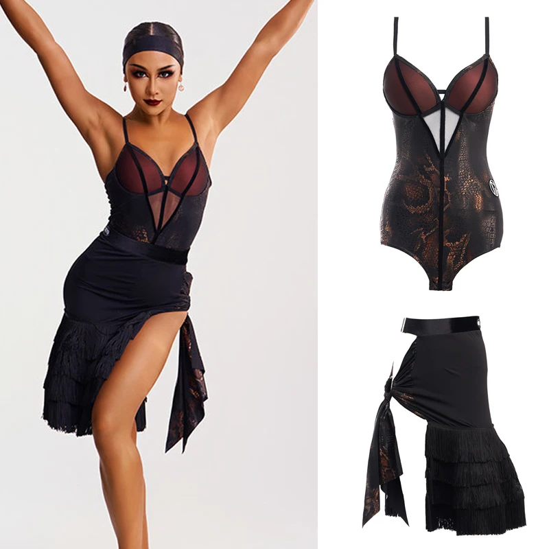 

Сексуальный костюм для латинских танцев DUYQ для женщин, костюм для выступлений в бальных танцах, леопардовый топ, юбки с вырезами, сценическая одежда 8831