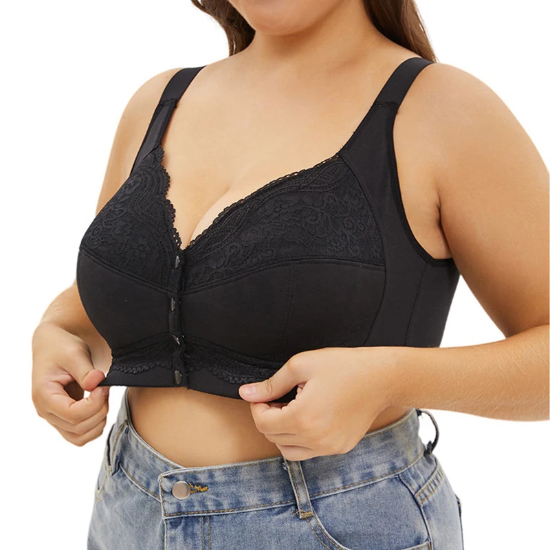 A-G Cup Women Plus Size Bra Front Closure Push Up Wire Free Brassiere Sexy Wireless Lace Breathable Bralette Underwear Lingerie