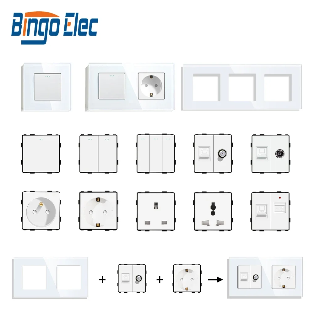 Bingoelec DIY UK EU Standard TV Satelita Gniazdo USB Przełącznik przyciskowy z panelem z kryształowego szkła Biały Home Improvement