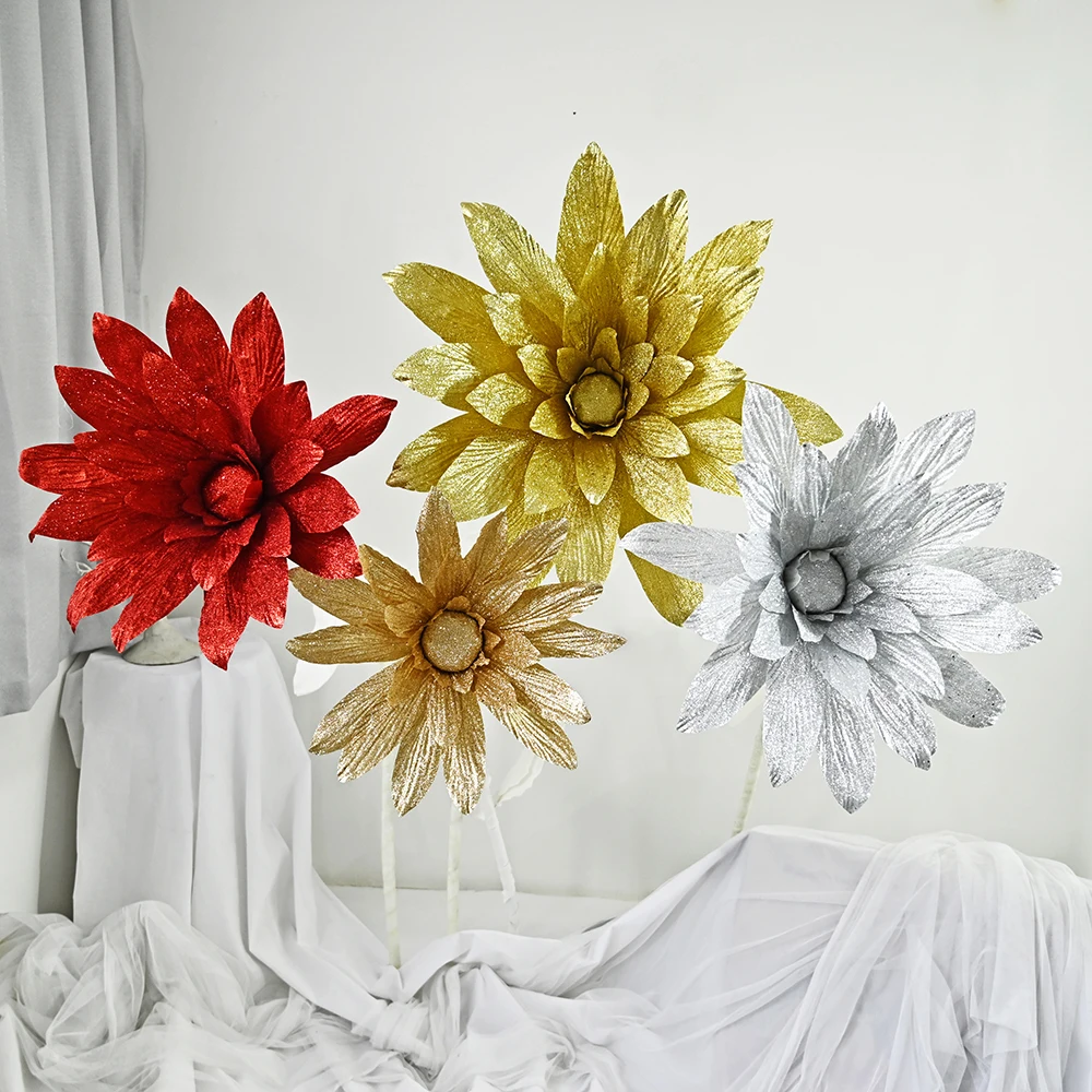 

Wedding Flower Large Golden Flash Daisy Artificial Flower Chrysanthemum for Diy Flower Background Wall Decoration