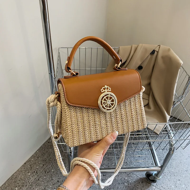 

Новинка 2023 года, летняя квадратная сумка премиум-класса на плечо, женская сумка через плечо с застежкой-застежкой, универсальная тканая соломенная модная сумка-коробка