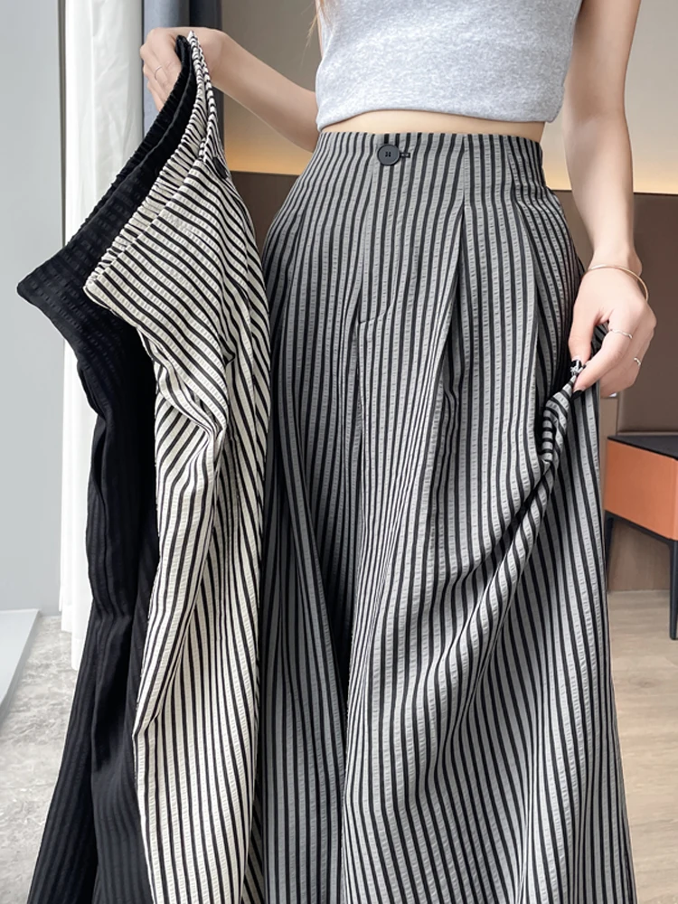 High Waist Striped Wide Leg Pants Women Summer Thin Cotton Linen Casual Straight Cut Floor Length Suit Pants Korean Sle