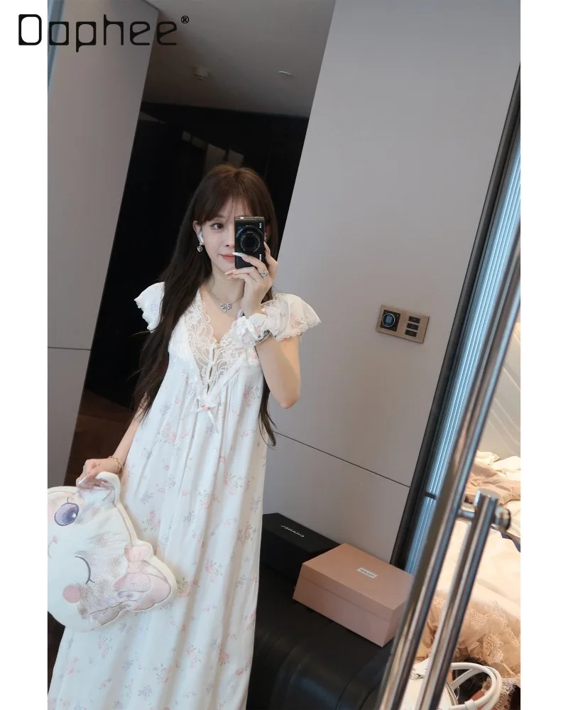 French Elegant Sweet Sexy Nightdress Lace Splicing V-Neck Flying Sleeve Home Dress White Floral Loose Nightgowns For Sleepshirts