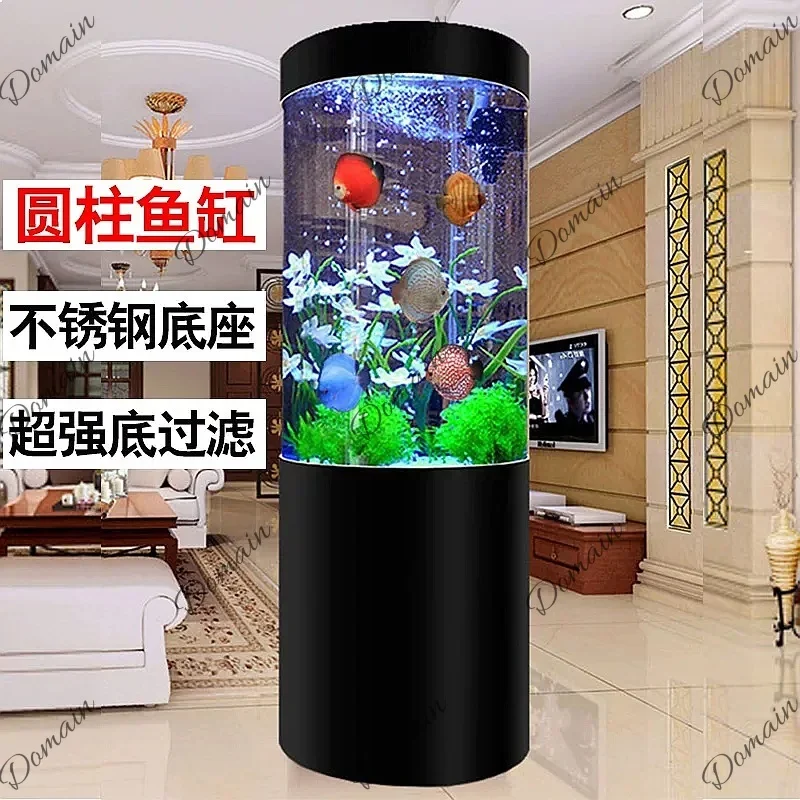 B80 Cylindrical Glass Fish Tank Large Floor Standing Aquarium Bottom Filter No Water Change Living Room Custom