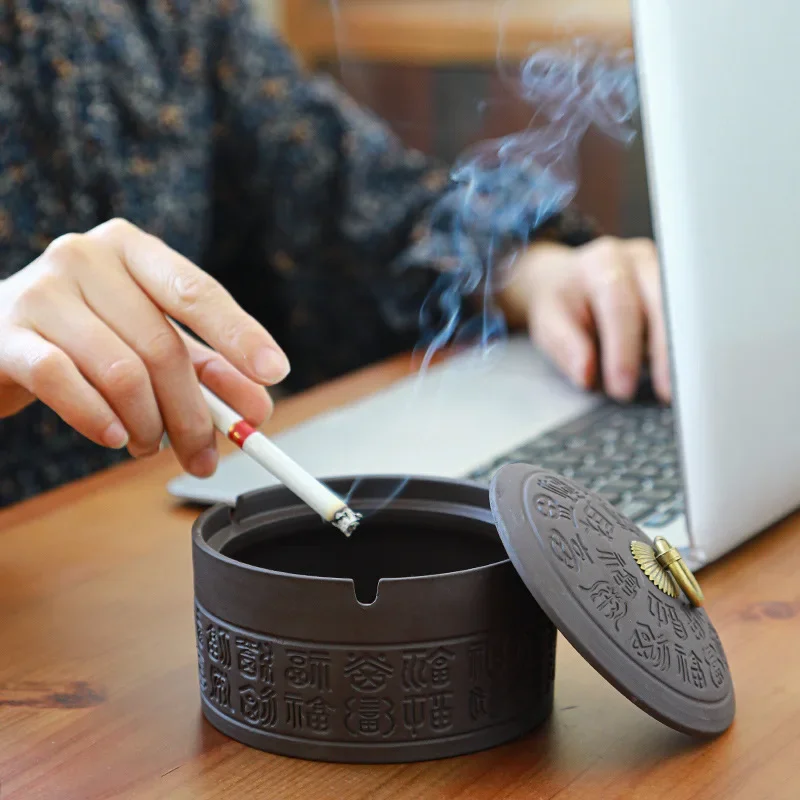 Retro Purple Sand Ashtray With Lid And Anti Fly Ash Large Household Office, Hotel Living Room, Car Mounted