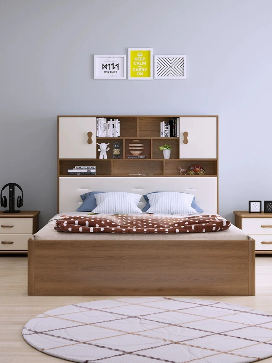 1 Nordic white wax wood bed, bookshelf, storage , storage be, adult high box 1.2/1.5/1.8 meter large