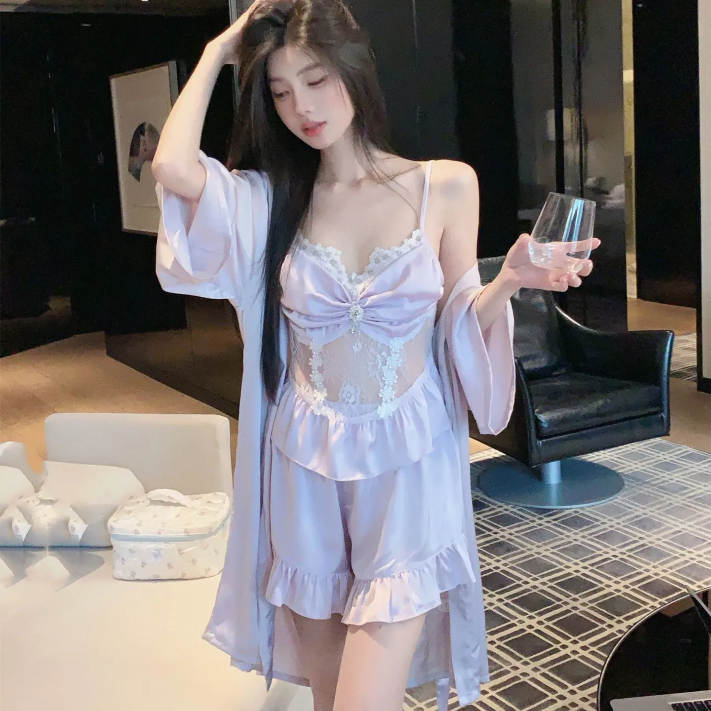 

Women Sleepwear Robe Bathrobe Kimono Pajamas Suit 3Pcs Home Clothes Sexy Hollow Out Cami Top Shorts Kimono Nightwear