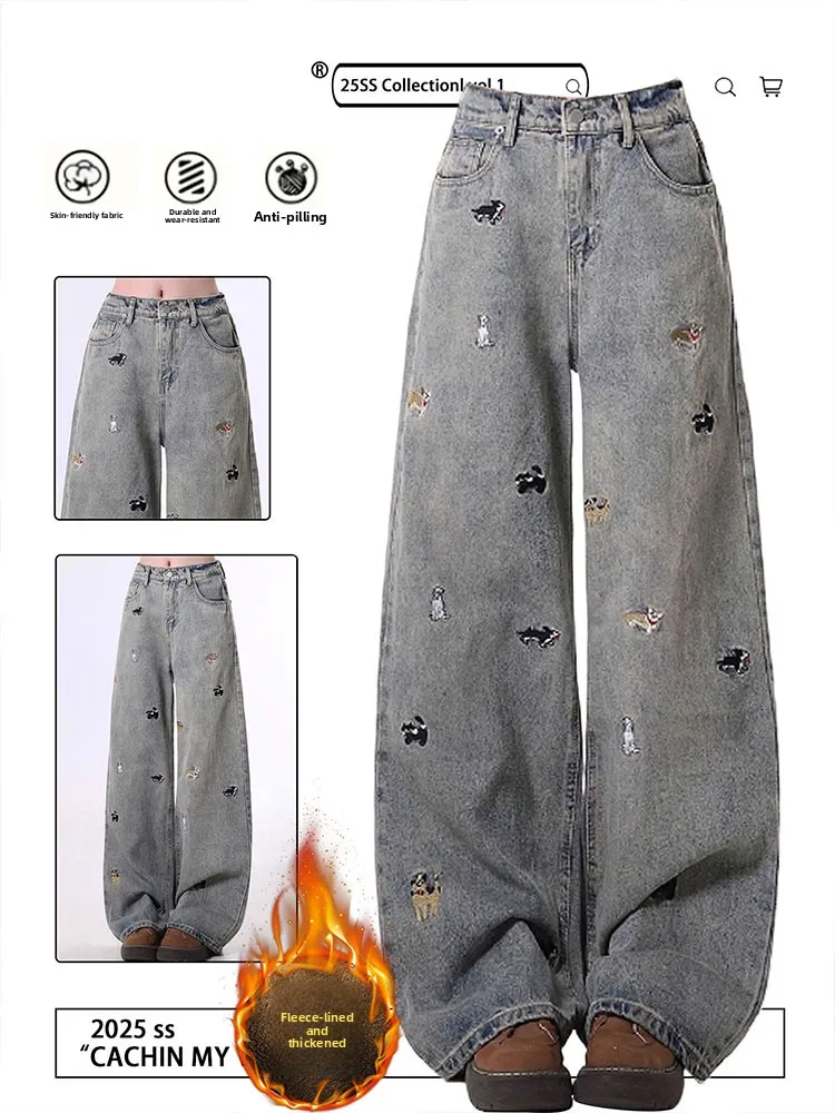 

Retro Blue Straight Leg Fleece Lined Thick Wide Leg Jeans High Waist Slimming Women's Autumn Winter plus Size Casual Trousers