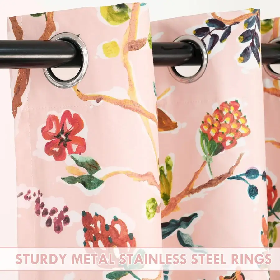 Tende Oscuranti Rosa per Camera da Letto con Motivo Colorato di Rami ad Acquerello, Isolamento Termico, con Occhielli, Set da 2