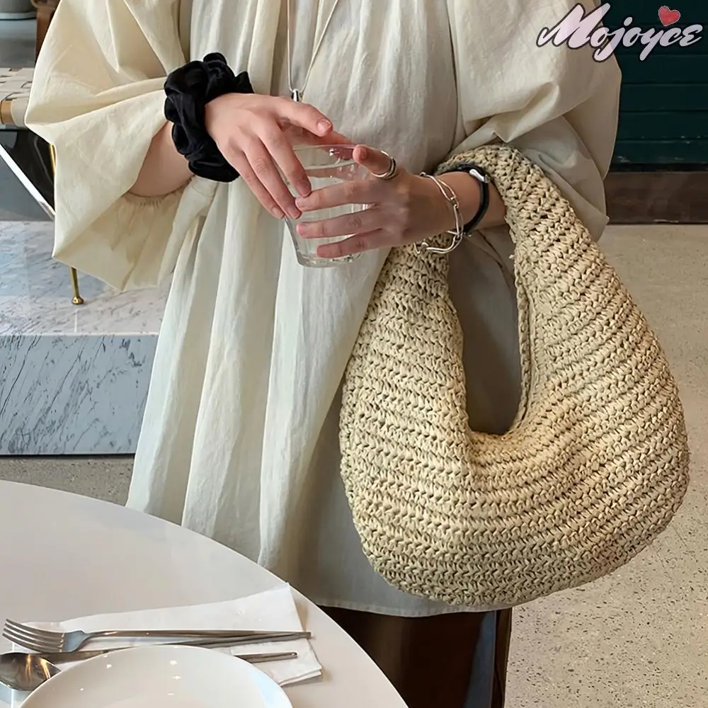 

Straw Tote Handbag Beach Hand-Woven Clutch Purse Half Moon Underarm Bags Wrist Circle Shoulder Bag Cloud Summer Seaside Pack