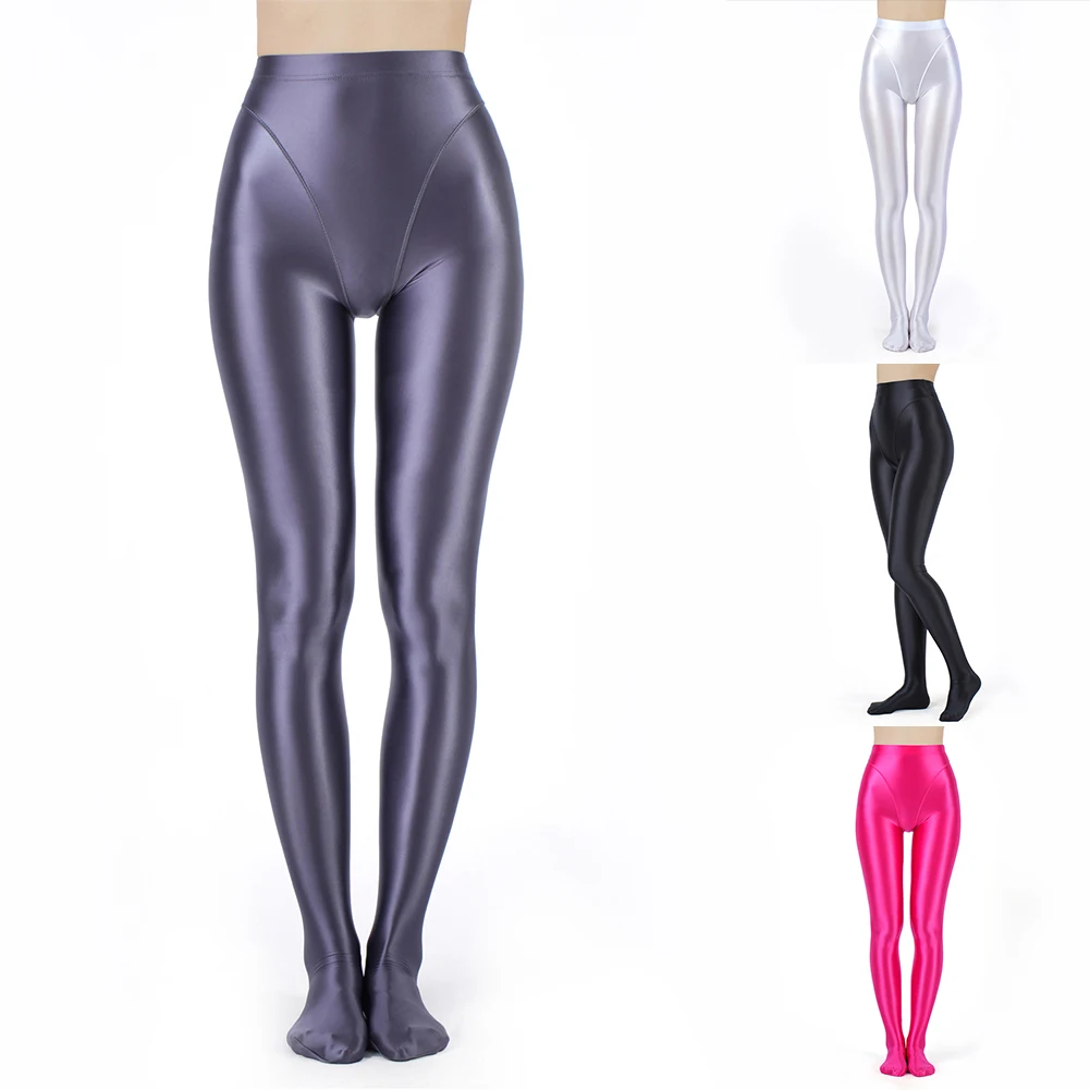 Women Sexy Tight Pantyhose Oil Glossy Elastic Yoga Shaping Pants Ladies Sheer See Through Leotard Jumpsuit Stretch Leggings