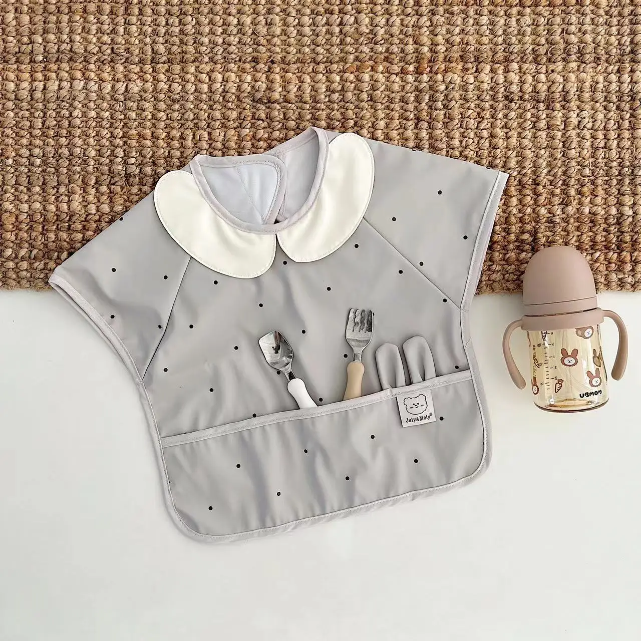 

1 шт., детский водонепроницаемый нагрудник, детский мешочек для еды, детский нагрудник с короткими рукавами для детского сада, детские аксессуары, ткань для отрыжки, серый горошек