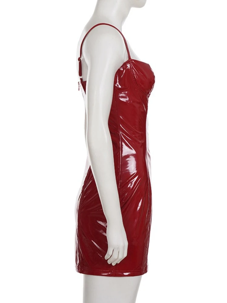 SsTss セクシーな光沢のあるフェイクレザーのスパゲッティストラップドレス、女性用、レッド、ノースリーブ、ハイウエスト、スリム、ボディコン、ミニドレス、ナイトクラブ向け