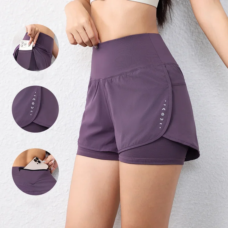 

quick-drying women's running shorts sports layer elastic waist active sports shorts with pockets yoga shorts