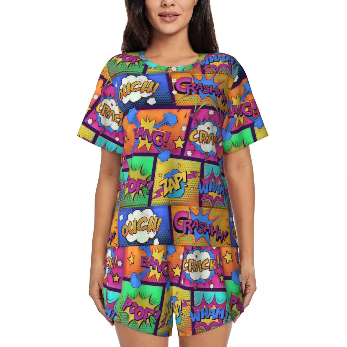 Custom Superhero Colorful Comic Book Panels Pajamas Set Womens 2 Piece Short Sleeve Sleepwear Loungewear PJ Shorts Sets