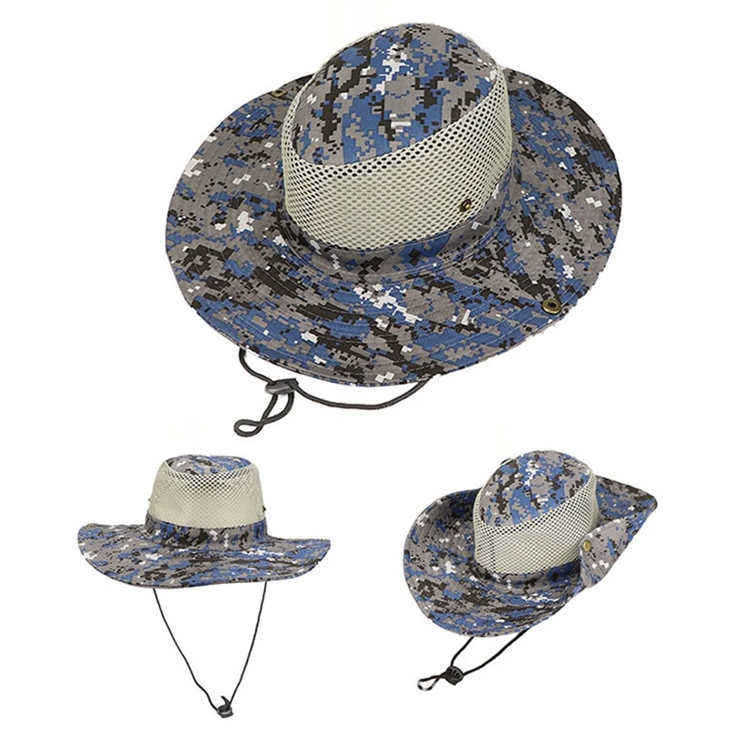 Camouflage Sun Hat Wide Brim Boonie Hat Mesh Breathable Camo Men Outdoor Sports Sun Bucket Cap Fishing Hiking Hunting Hats