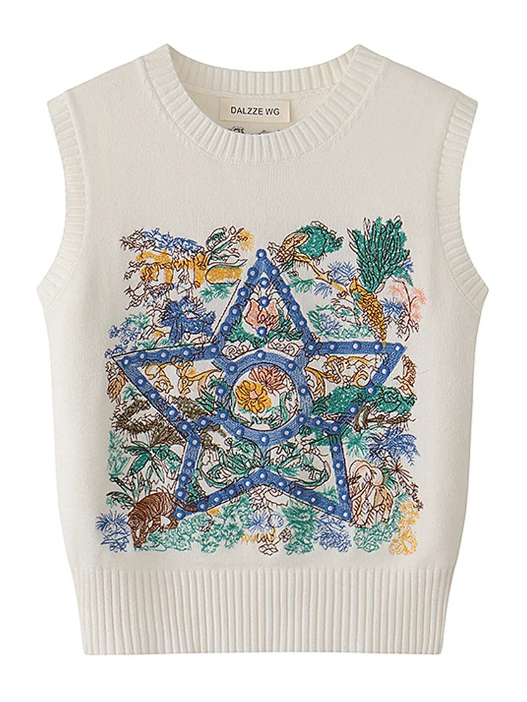 سترة نسائية محبوكة بتطريز ثقيل من مجموعة الربيع، تصميم دائري بدون أزرار مع نمط النجوم