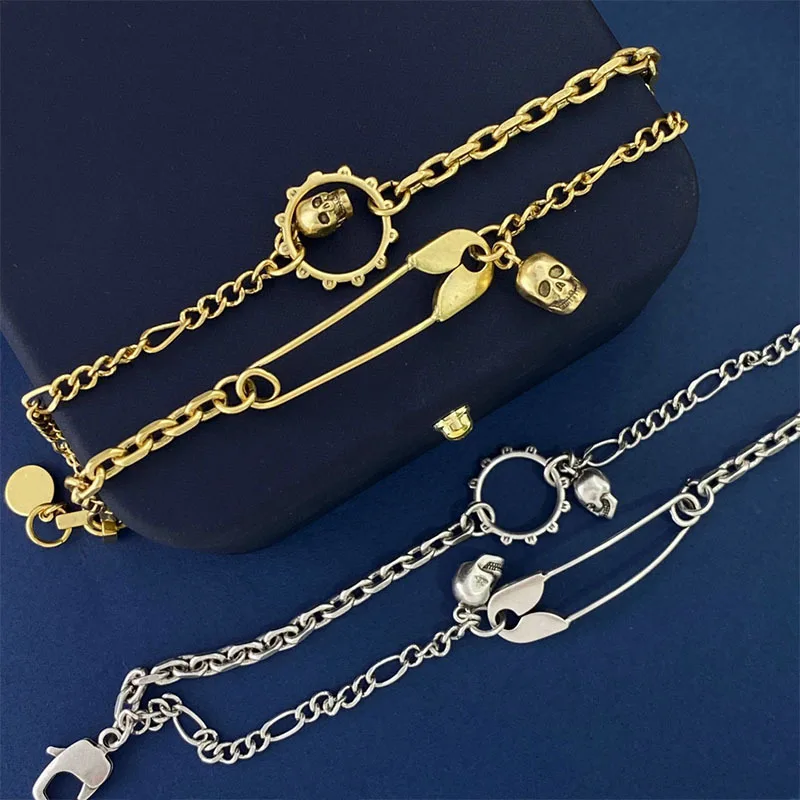 

fashion Trendy retro punk paperclip skull bracelet with double-layer layered fashion accessories