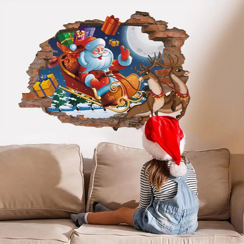 Christmas Wall Decals Removable 3D Wall Stickers Break Through The Wall Self Adhesive Christmas Decorations Vivid Party Favors