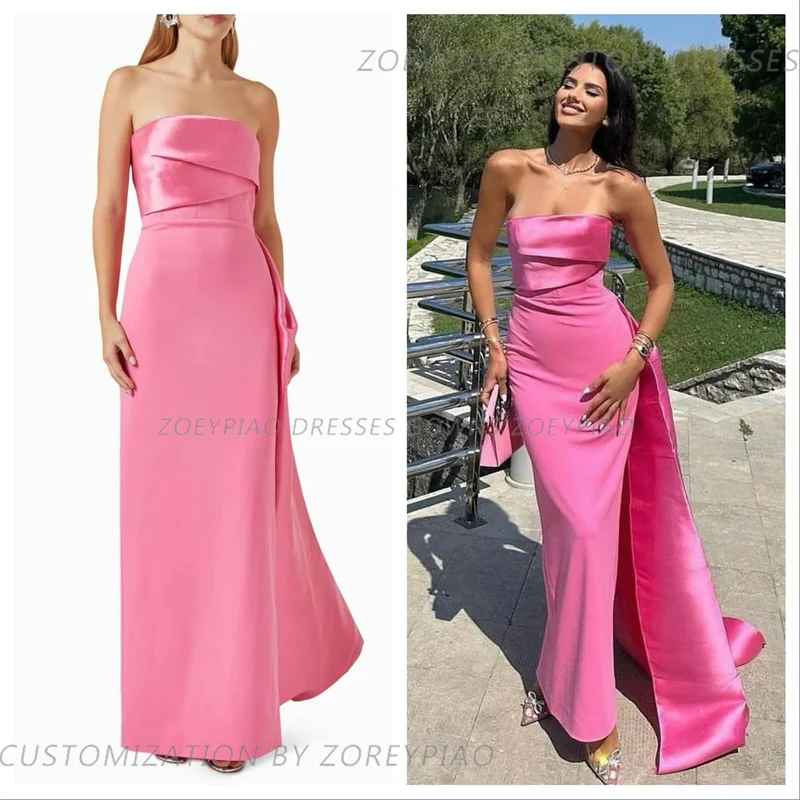 

Luxury Satin Sleeveless Evening Dress Beach Long Strapless Formal Occasion Dubai Arabic Prom Party Gowns robe de soirée femme