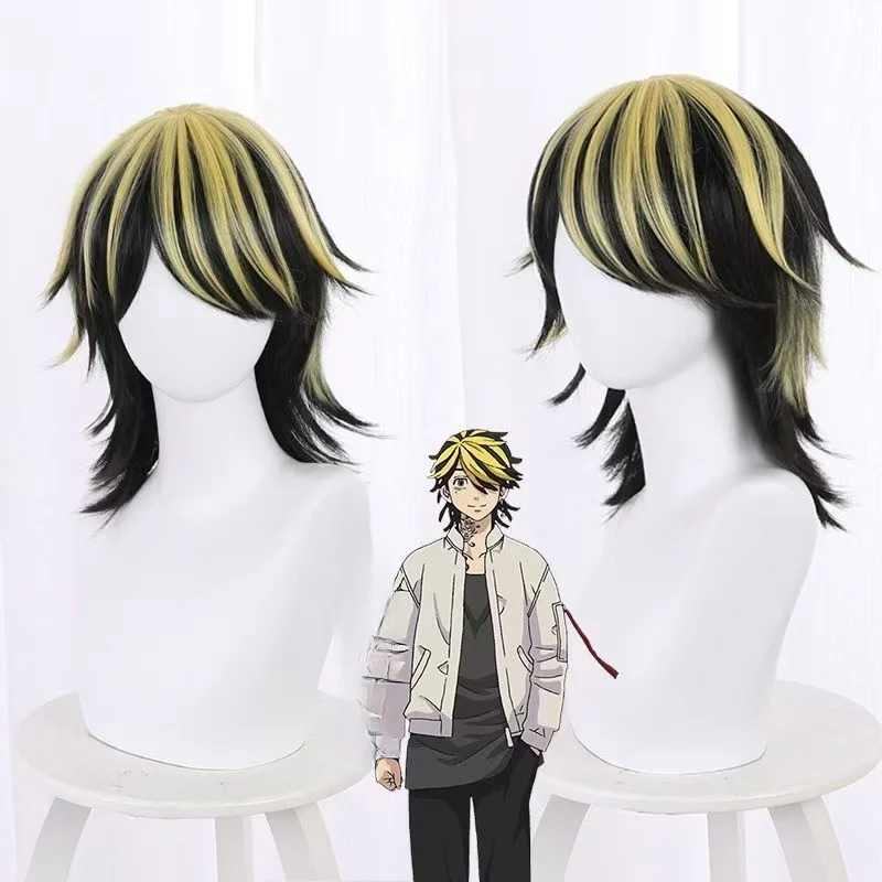 Tokyo Revengers Hanemiya Kazutora Cosplay Wig Black Gold Highlight Short Wig Simulated Scalp Synthetic Hair For Halloween Party