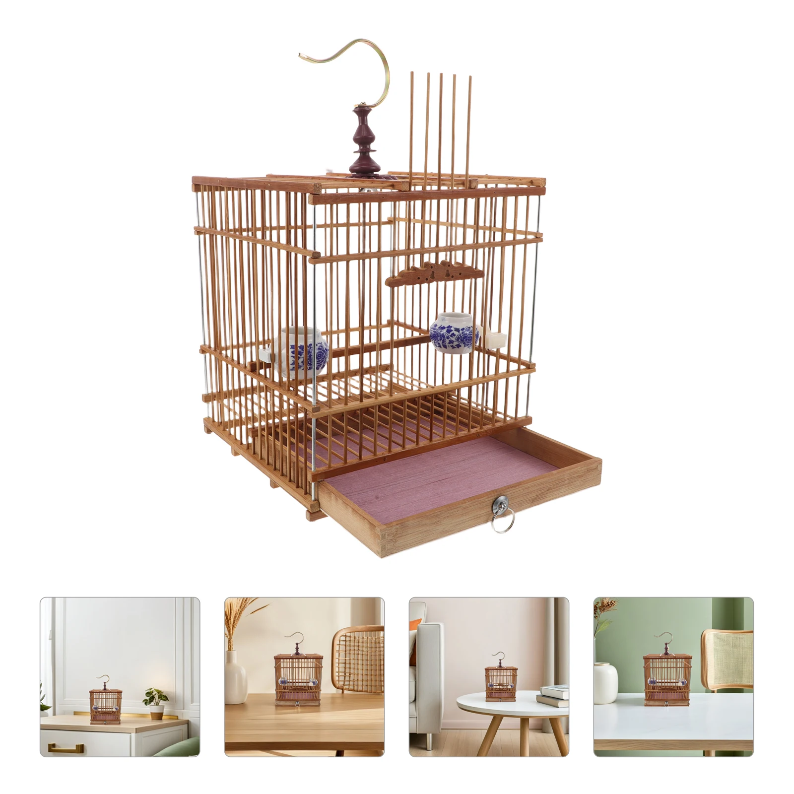 

Hanging Bamboo Bird Rectangular Carbonized Goldfinch Habitat Enhanced Durability For Small Birds Cage With Tray Balcony