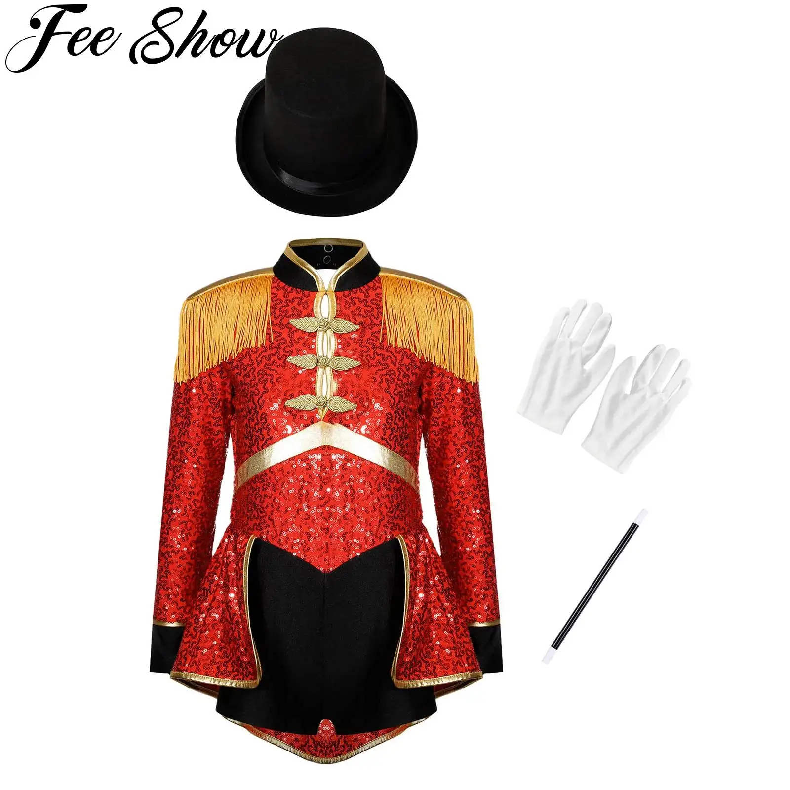 Kids Girls Circus Ringmaster Magician Drum Band Costume Sequins Bodysuit with Hat Gloves Wand Halloween Carnival Fancy Dress Up