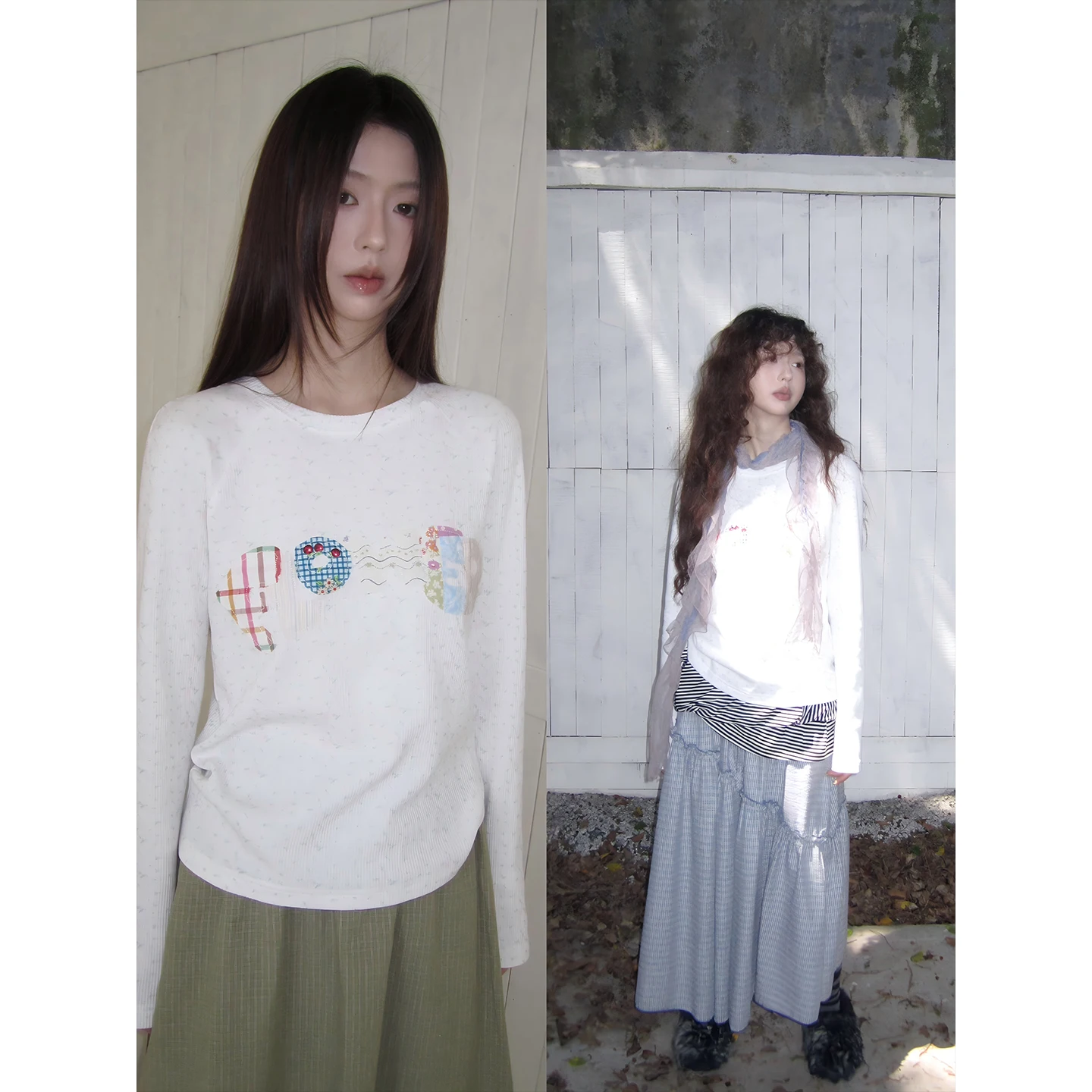 

Новая летняя женская футболка в корейском стиле с нежным цветочным принтом, вышивкой и аппликацией, повседневная универсальная модель с длинным рукавом, модный топ