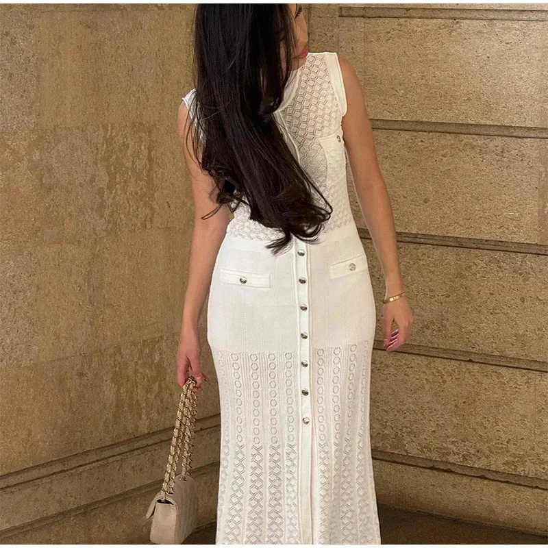 Elegant Single Breasted Knitted Slim Dresses Women Sexy O Neck Sleeveless Split Long Dress 2024 New Chic Female High Street Robe