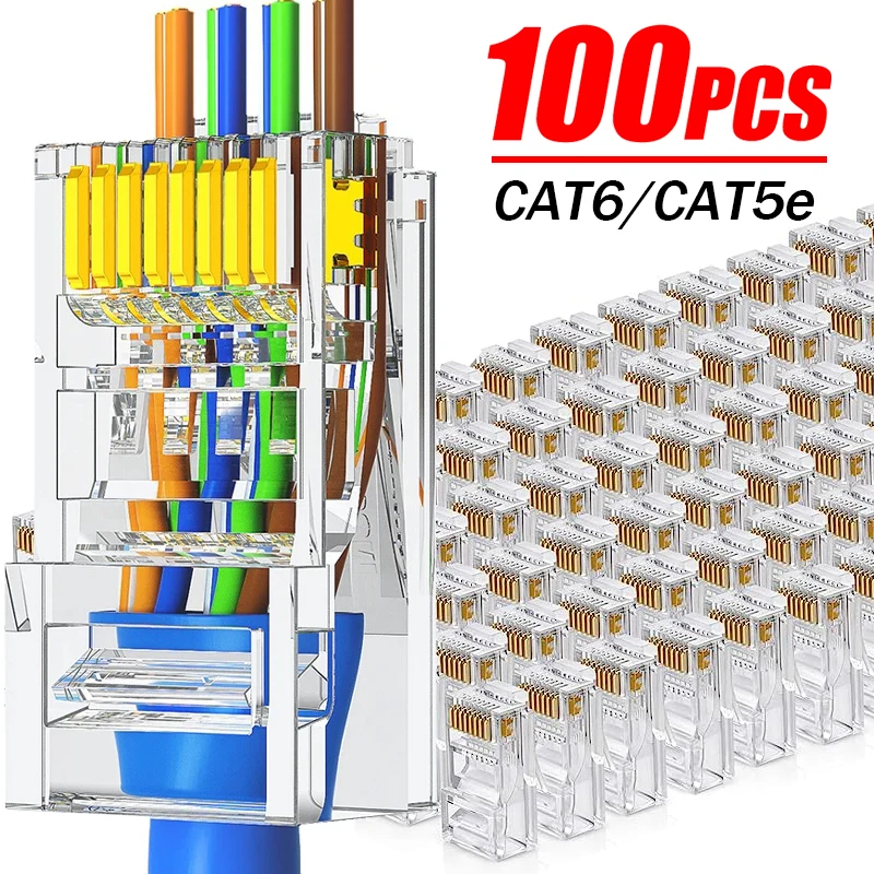 100pcs/set RJ45 CAT6 CAT5e Pass Through Connectors Crystal End Gold-Plated 8P8C Crimp UTP Standard Ethernet Network Modular Plug