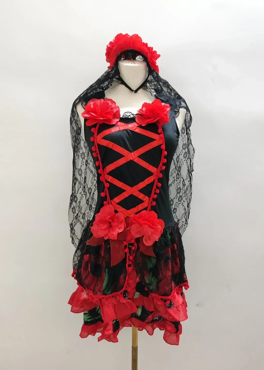 Adulto feminino mexicano dia dos mortos crânio assustador traje halloween carnaval festa flor fada fantasmas noiva cosplay vestido