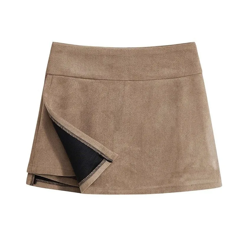 Women Hot Girl Autumn Winter Suede High Waist A Line Skort Split Slim Versatile Mini Skirt