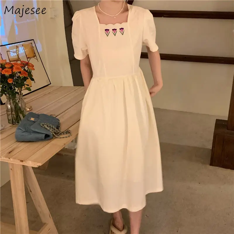 Short Sleeve Dress for Women Simple Ins Chic Korean Sweet Summer Midi Vintage Temperament Baggy Hot Sale Tender Student Mujer