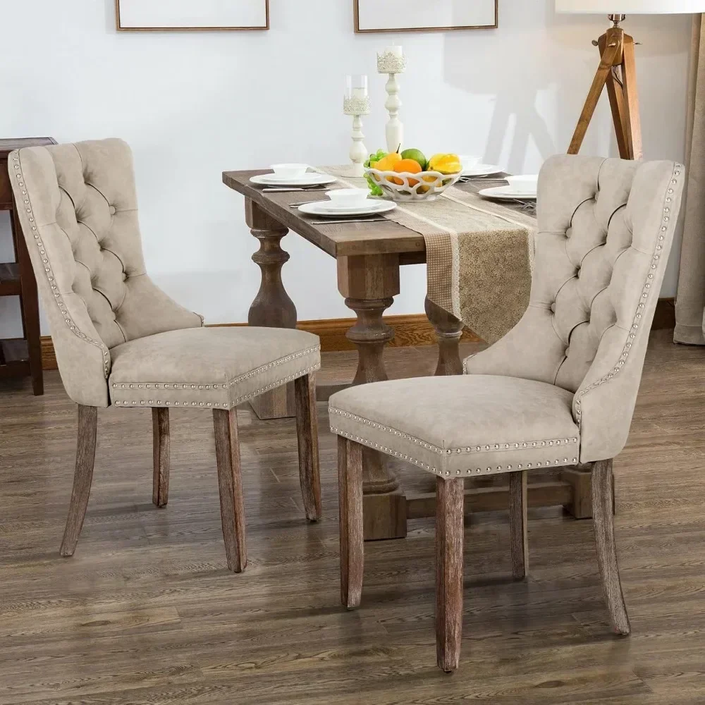 Faux Leather Dining Chairs Set of 6, Upholstered Dining Room Chairs with Nailhead Back Ring Pull Trim Solid Wood Legs Luxury