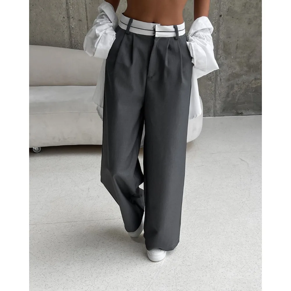 Office Ladies High Waist Suit Pants Vintage Wide Leg Pants Baggy Straight Trouser Luxury Brands Women\'s Clothing Black Gray New