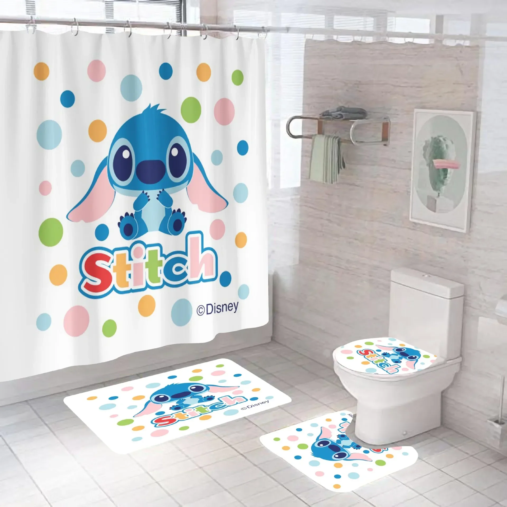 

Disney Stitch Bathroom Curtains Shower Curtain Set for Bathroom Cartoon Ornate Bath Rug Decor