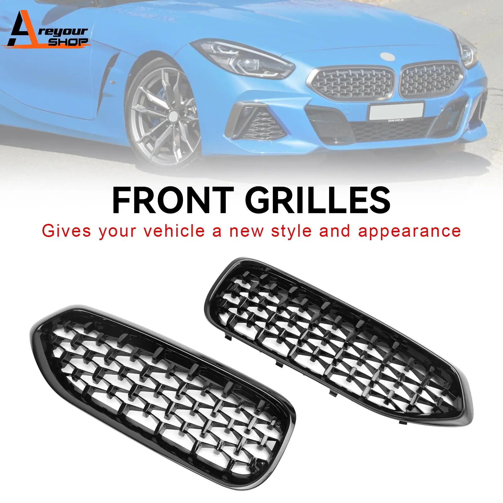 Areyourshop Diamond Style Gloss Black Front Kidney Grill Grille Fit BMW G29 Z4 2019-2023