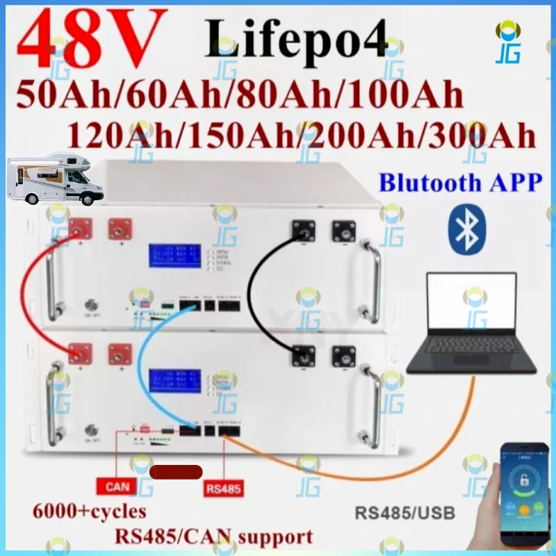 

48 В 51.2 В 100 Ач 200 Ач 50 Ач 60 Ач 80 Ач 120 Ач 150 Ач 300 Ач 400 Ач Lifepo4 Аккумулятор RS485 CAN RS232 для базы для хранения солнечной энергии