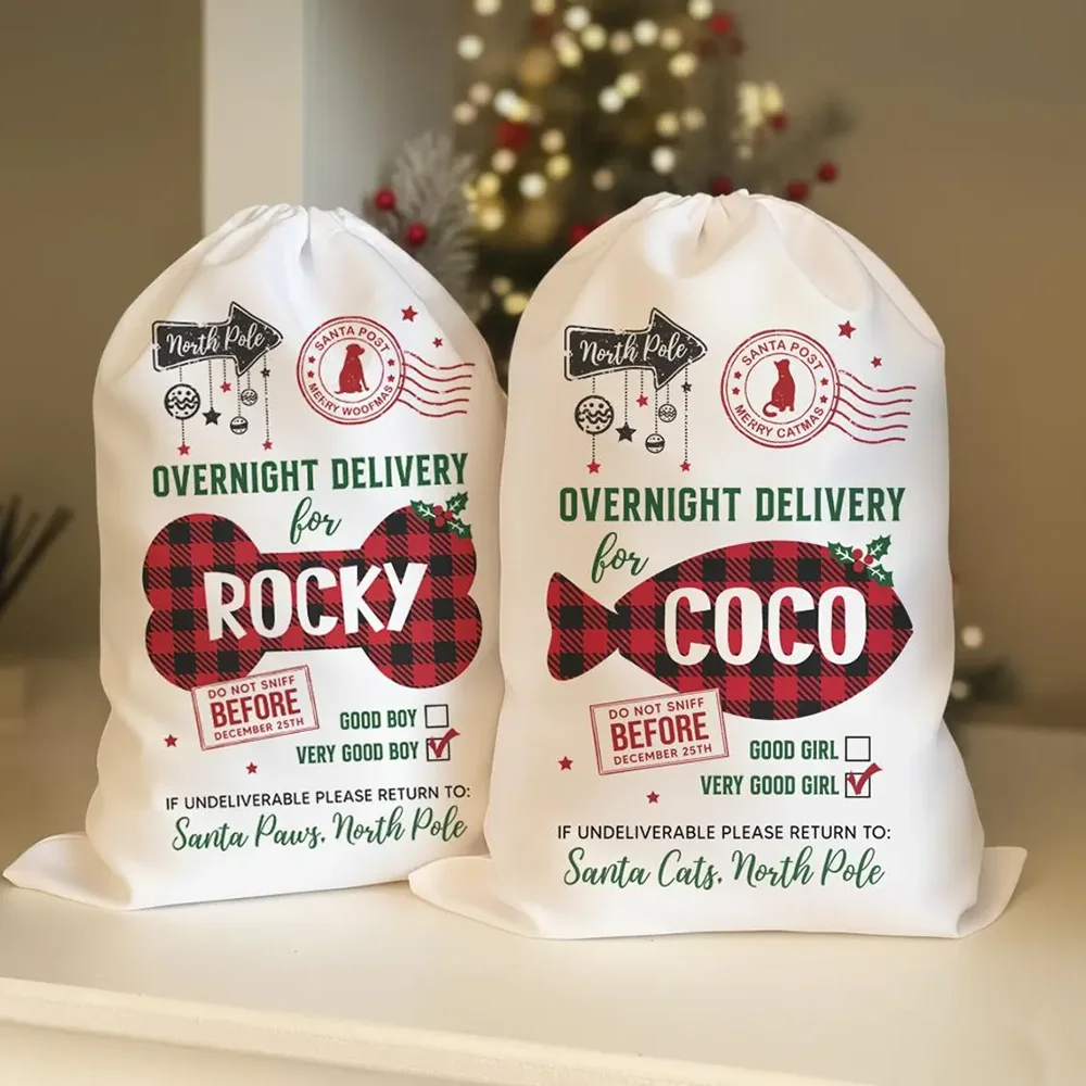 Sac de Noël personnalisé pour grand chien/chat, sac du Père Noël personnalisé, boîte de Noël, chaussette de Noël, sac cadeau d'hiver pour animaux de compagnie avec cordon de serrage